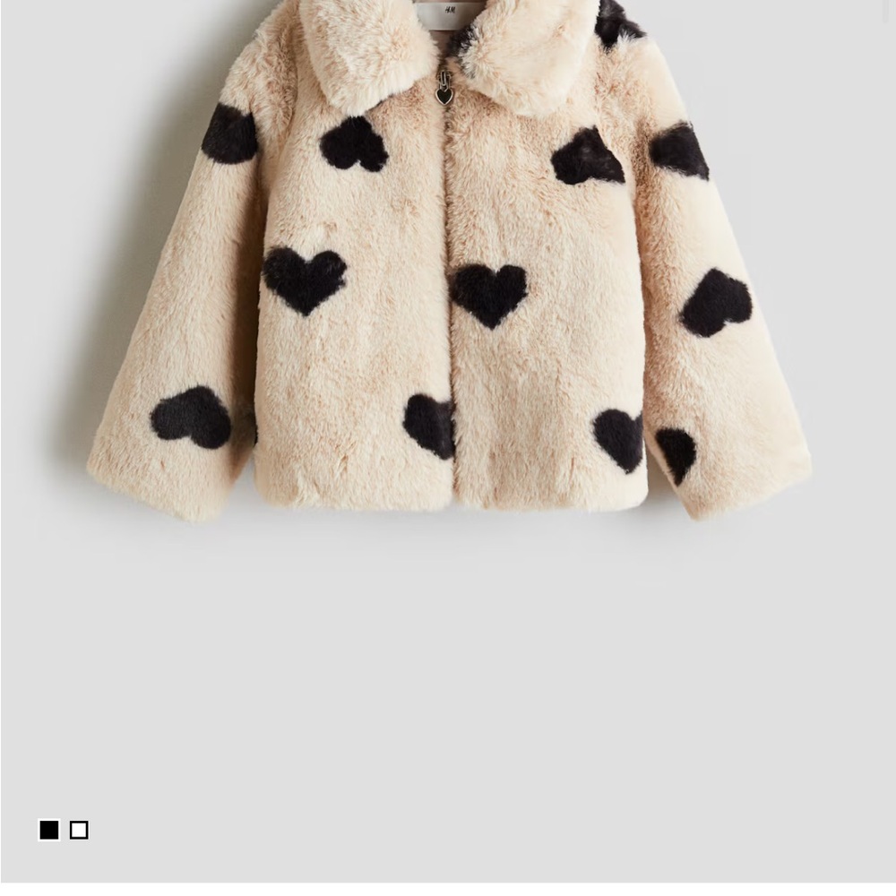 H&M Kids Cream Faux Fur Jacket with Black Hearts - Picture 2 of 8